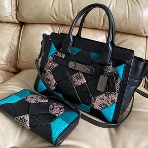 LKNW Coach Swagger Patchwork Bag & Wallet Teal/Turquoise/Black Canyon